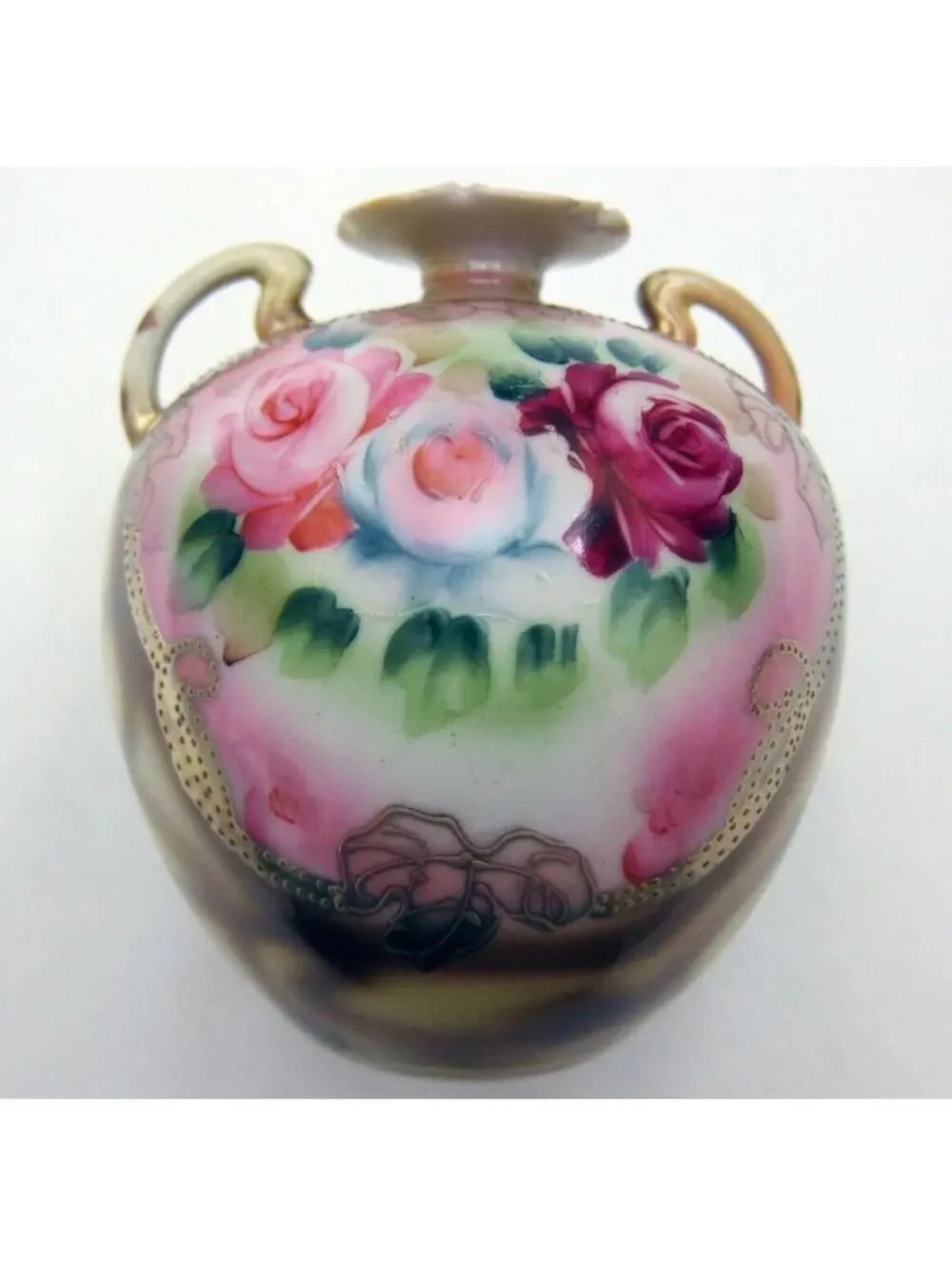 Vintage Nippon Round Vase w/ Handles, Hand Painted Roses Floral Gold Gilded Bead